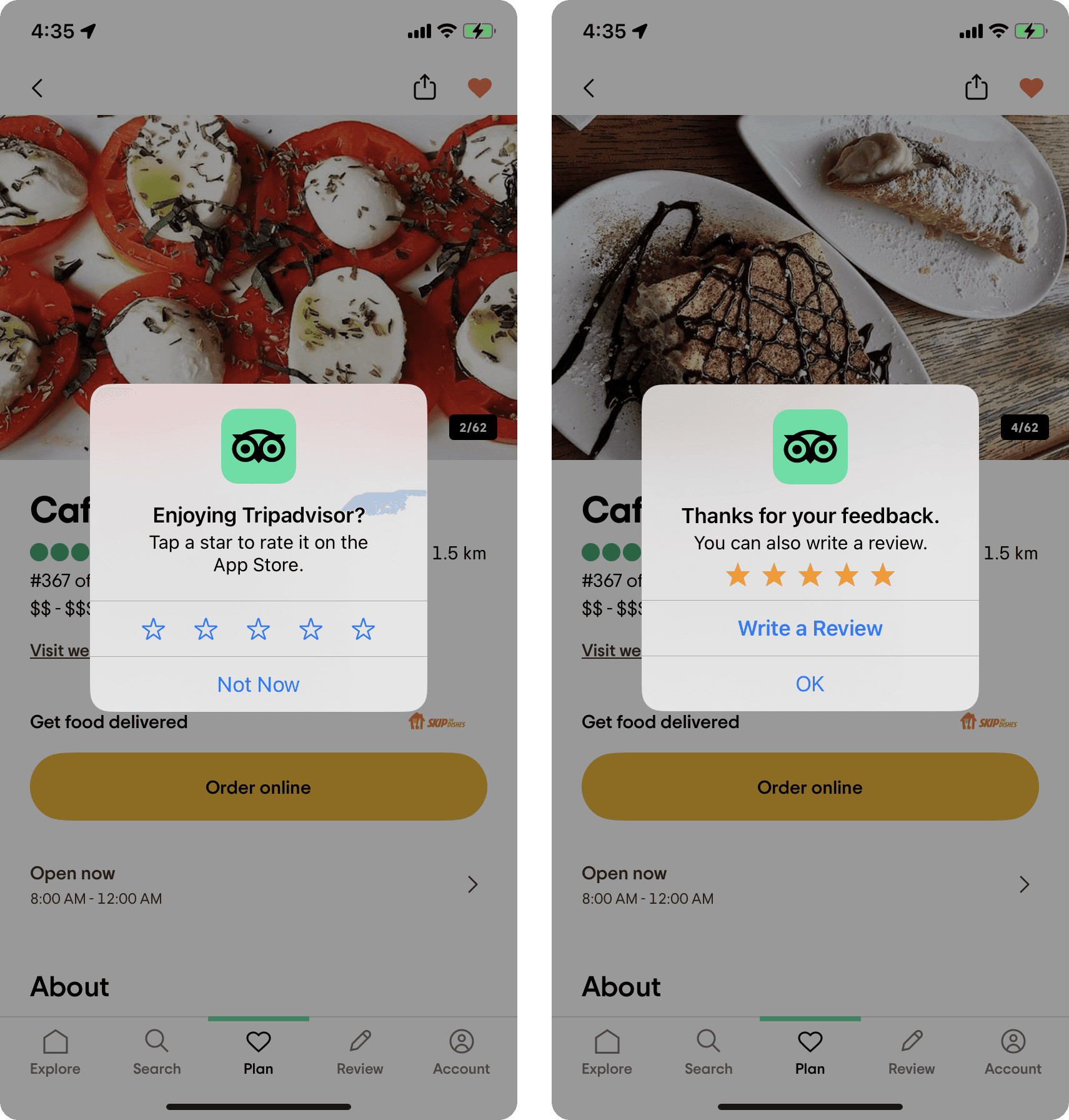 Tripadvisor in-app app store review request
