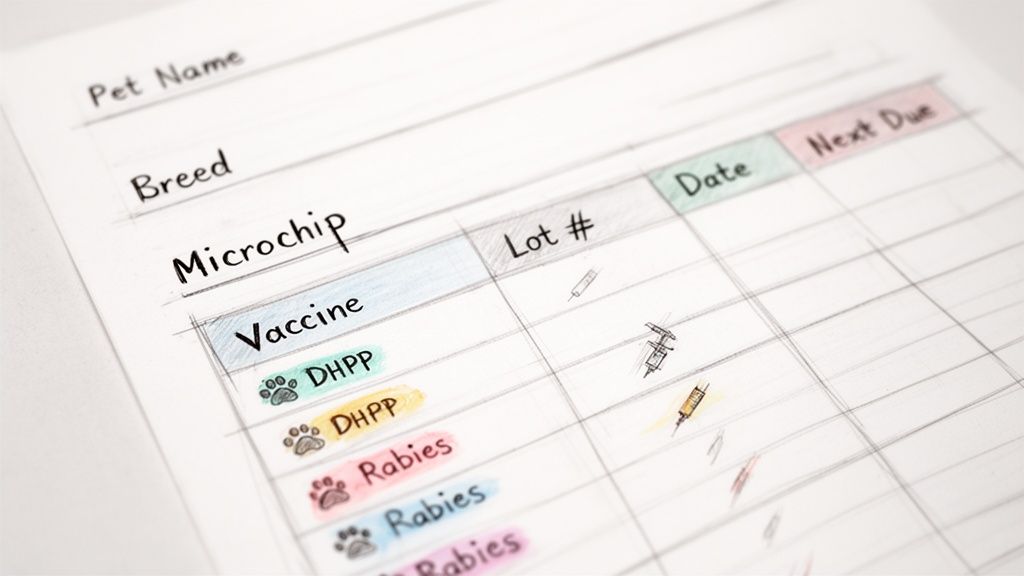 Close-up of a printable puppy shot record form, showing vaccine types, lot number, date, and next due.