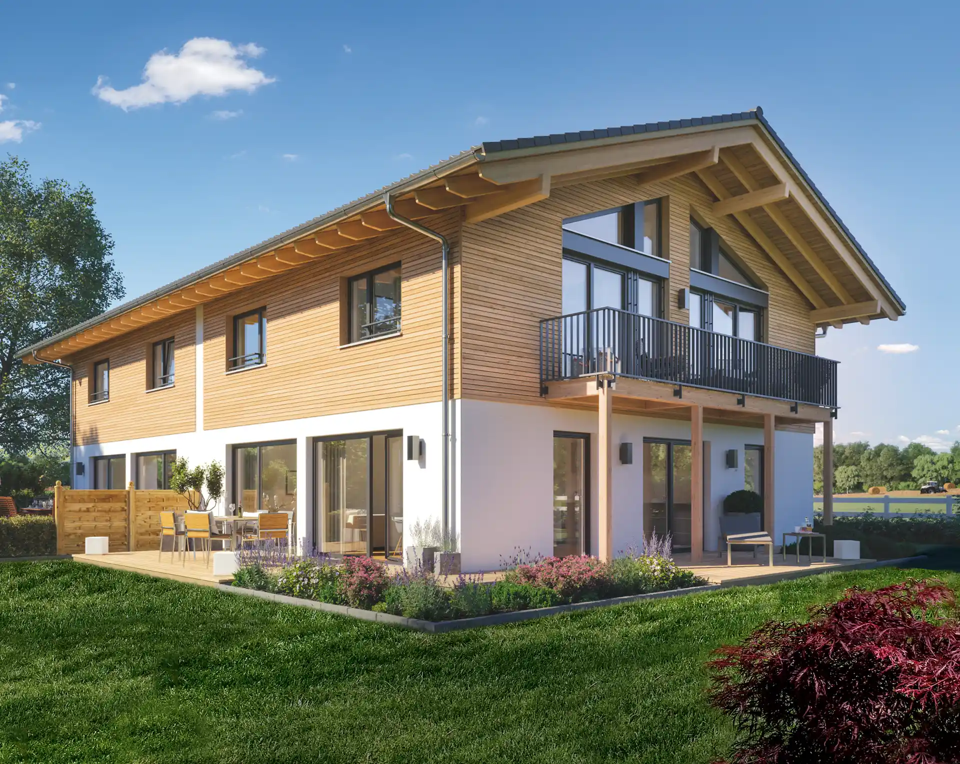 Wooden house with solar panels on the roof, surrounded by lush greenery.