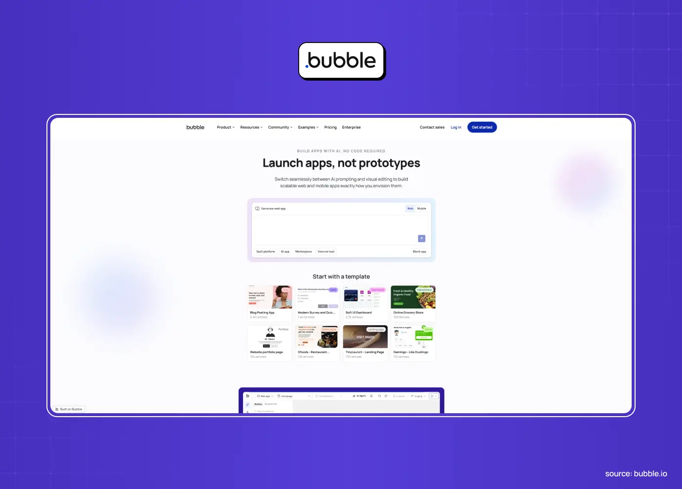 Bubble homepage with a light background, “Launch apps, not prototypes” headline, AI prompt interface, and template cards. 