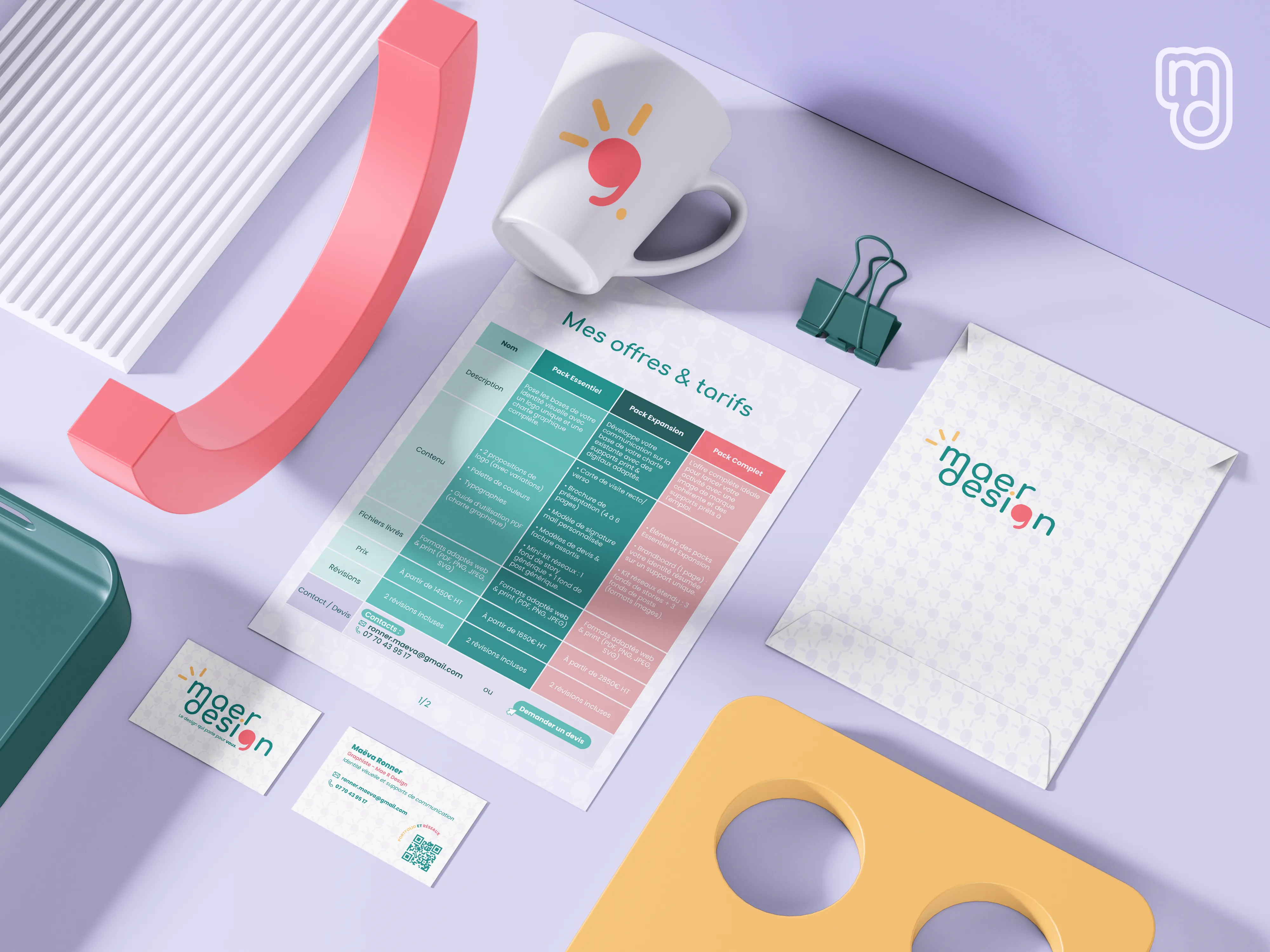 Mockup de papeterie et objets dérivés pour mon dientité visuelle de graphiste.