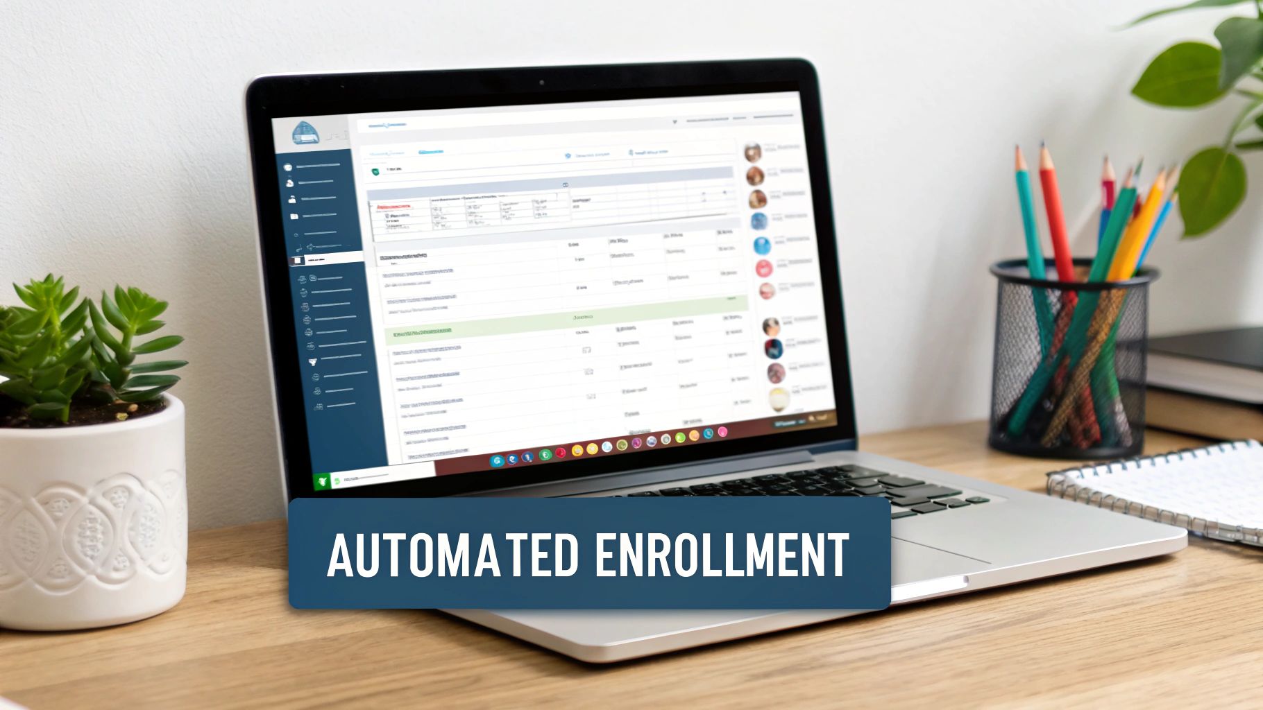 Laptop on a wooden desk displaying automated enrollment software with a plant and office supplies.