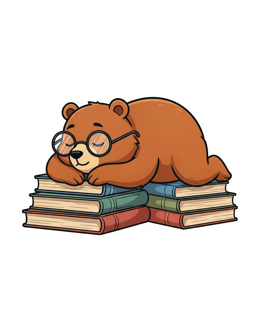 Teddy bear sleeping on books