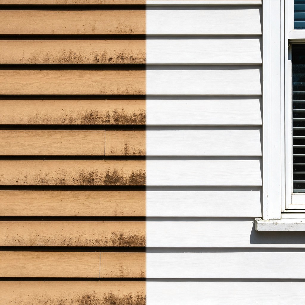 Before and after photo of a house with exterior cleaning services