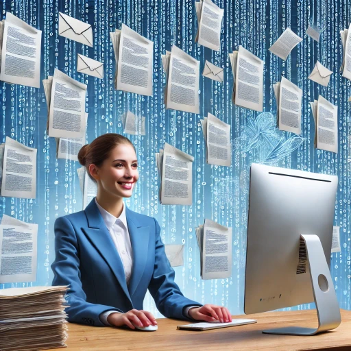 A happy woman in a blue formal suit sitting at a desk with documents floating in the air behind her, connected by a blue digital thread.