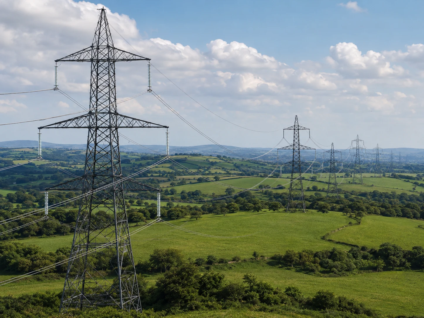 Aerial view of electricity pylons and powerlines crossing green UK farmland