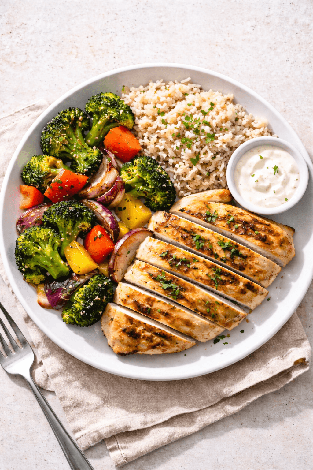 A healthy meal prep bowl featuring sliced grilled chicken breast, brown rice, and roasted vegetables like broccoli and peppers.
