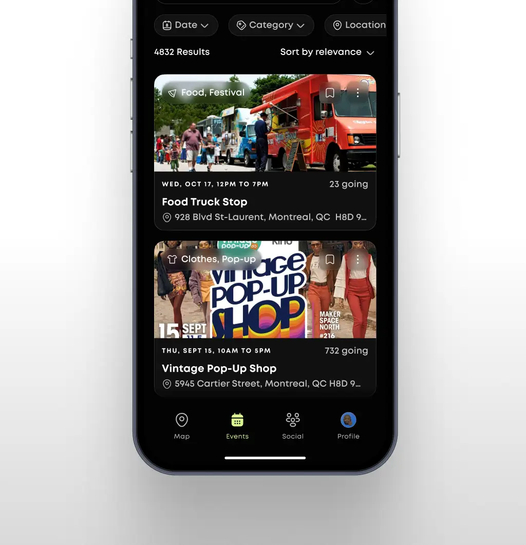 Mobile mockup of the events page, giving a curated list of events to user.
