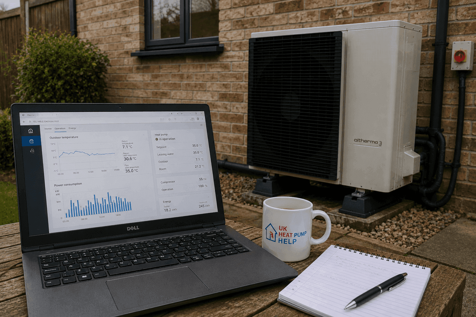 Heat pump performance data displayed on a controller screen, illustrating COP and SCOP efficiency figures for an air source heat pump