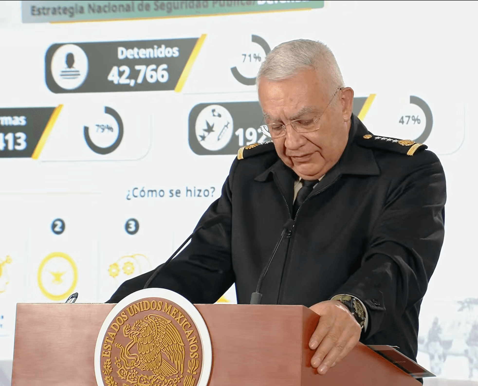 Mexican Secretary of Defense speaks at a government podium during a security briefing.
