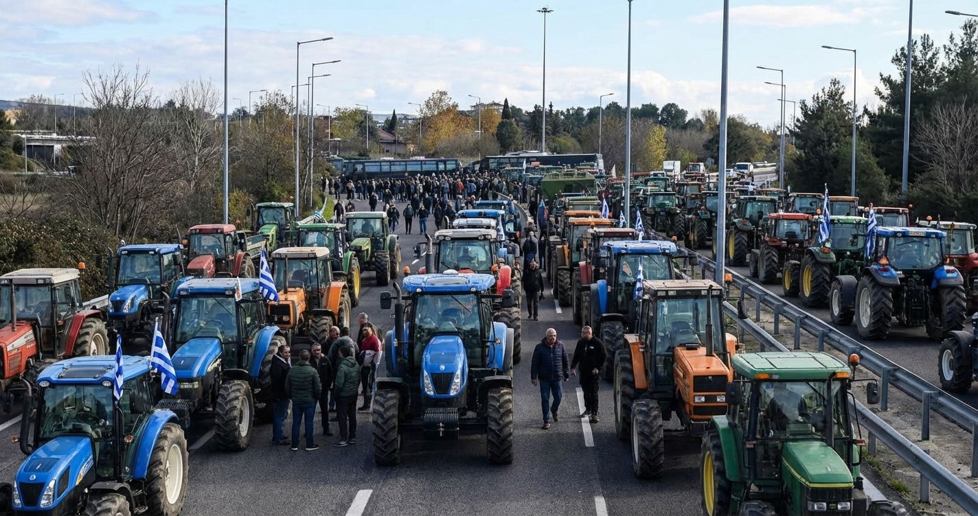 top image showing the farmers blocking Egnatia Odos