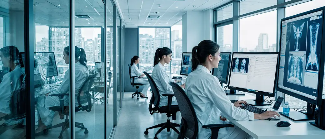 Imagem de profissionais, sentados em frente a computadores, analisando imagens de raio-x