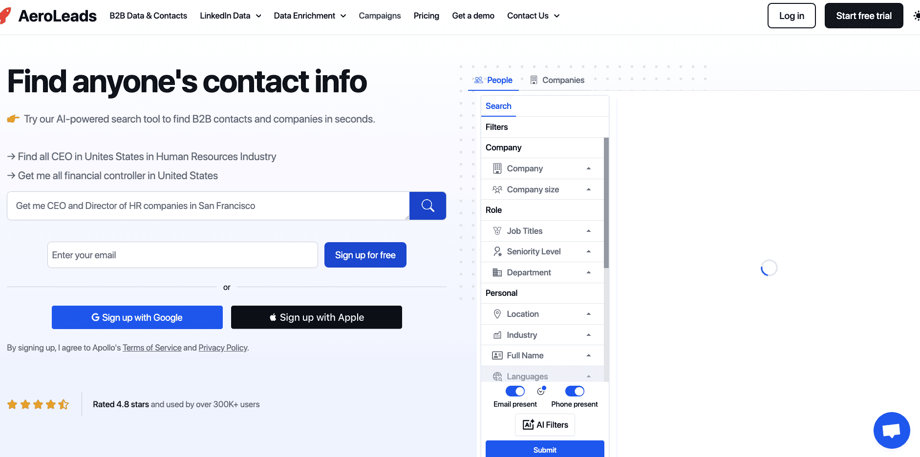 Aeroleads homepage