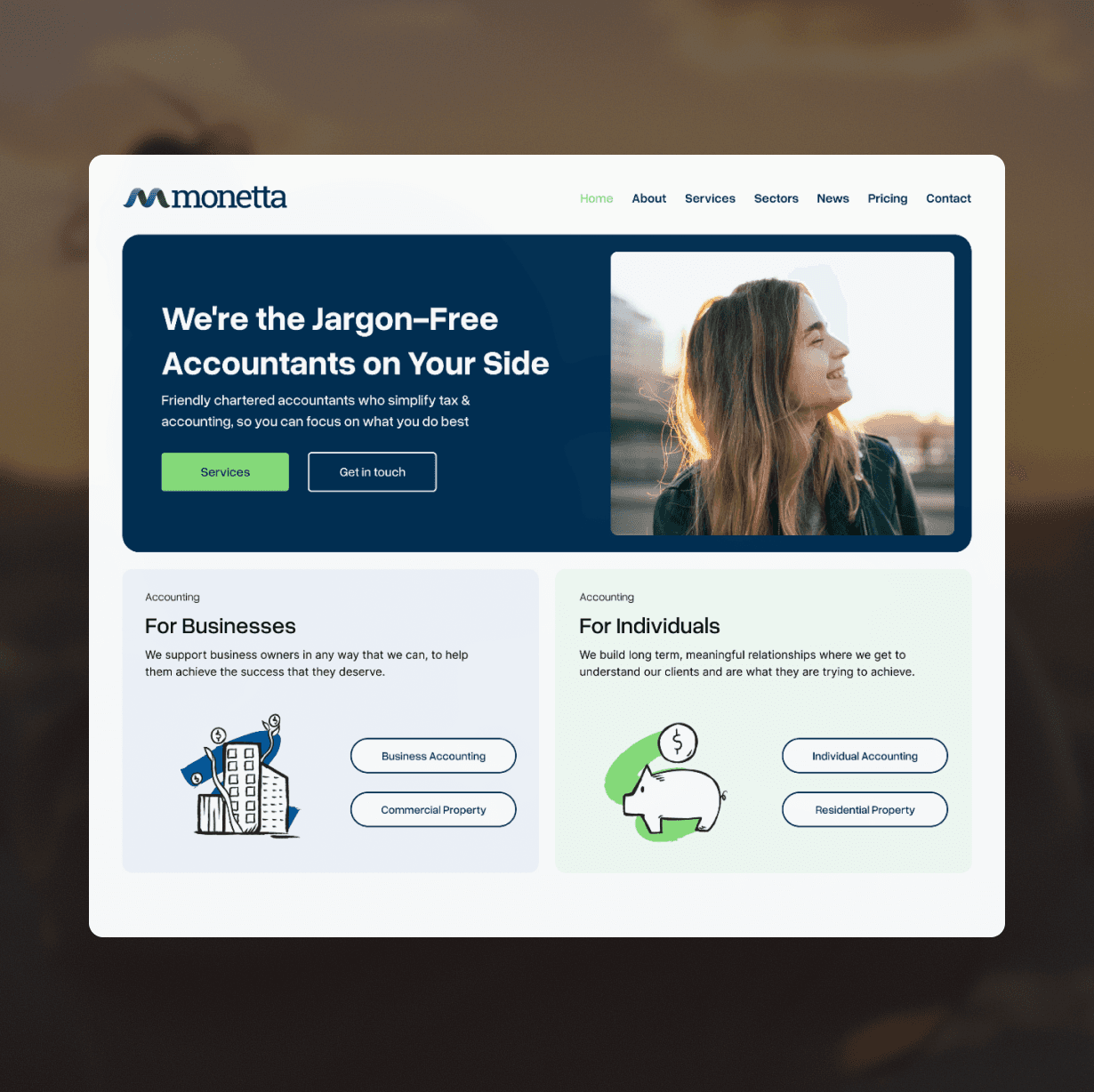 Monetta Accounting website homepage with woman, text, and graphics. Jargon-free accounting for businesses and individuals.