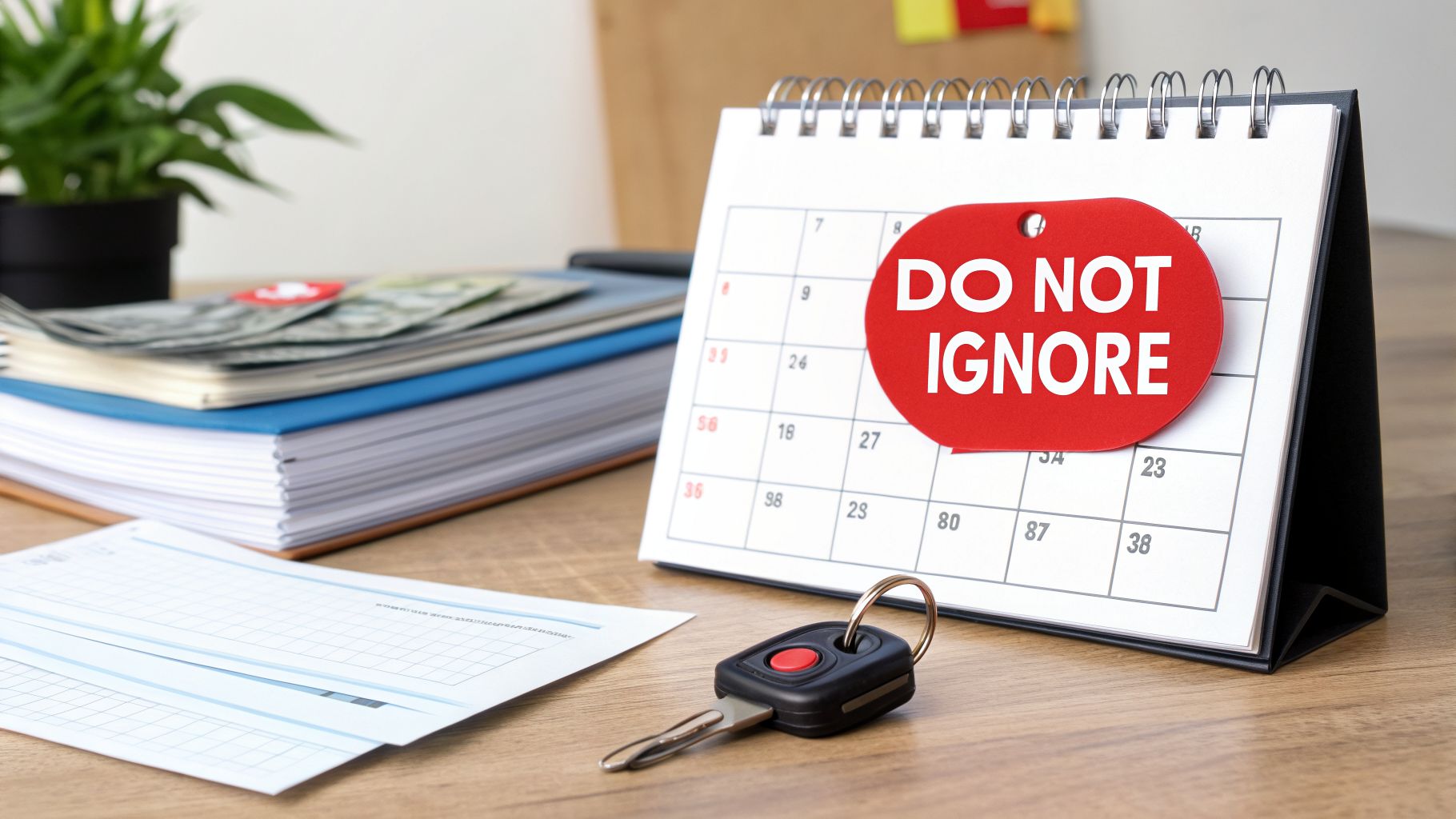 Desk with calendar showing 'DO NOT IGNORE' on a red tag, car key, money, and documents.