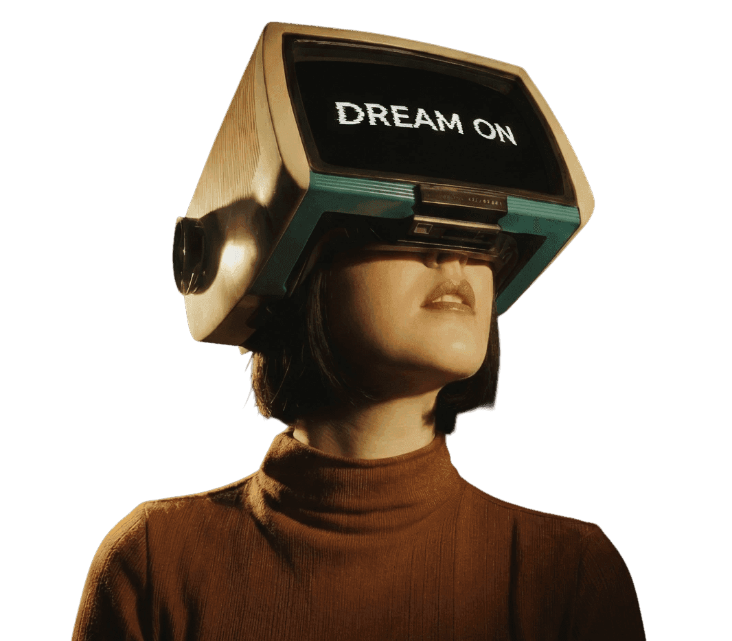 Retro female with screen headset flashing the phrase Dream On.