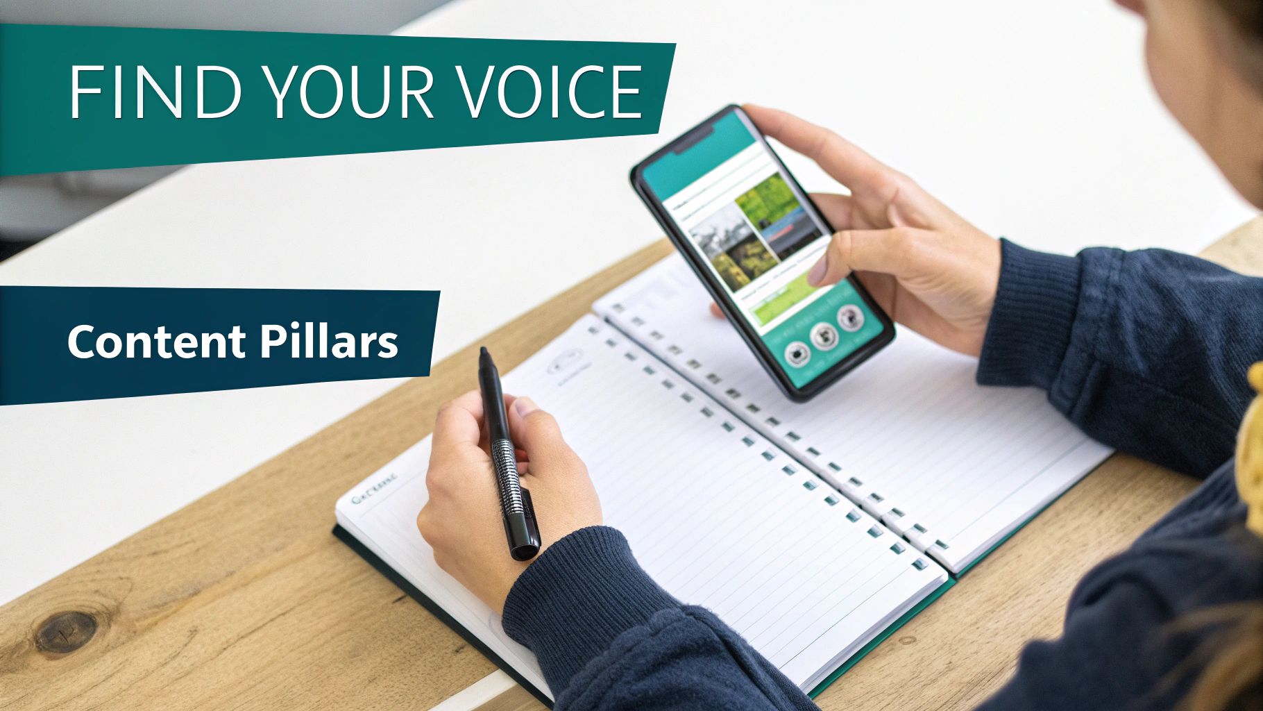 A person brainstorming content ideas at a desk with sticky notes and a laptop, symbolising a structured content plan.
