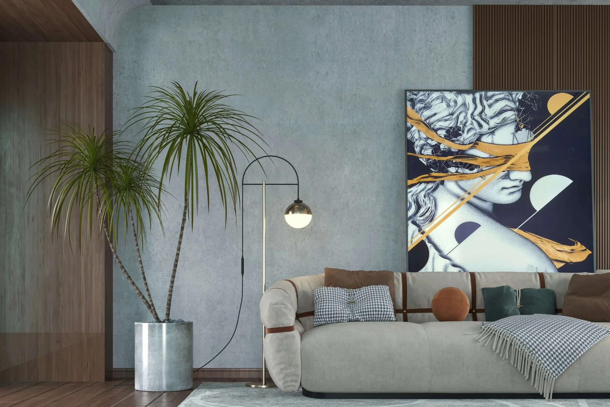 Hochwertiges Wohnzimmer mit Designsofa und Kunstgemälde – Hausrat- und Kunstversicherung