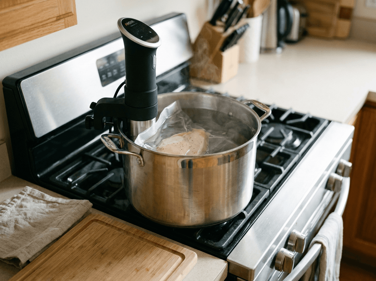 Sous vide immersion circulator in stockpot with vacuum-sealed protein bag