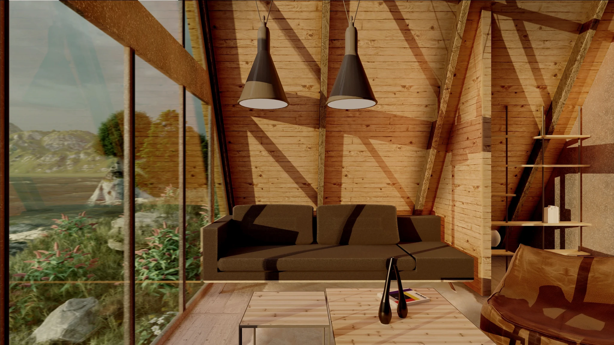 A cozy living room enlightened with a sunset light in a cottage