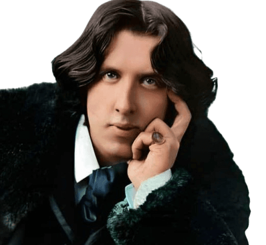 A colorized portrait of Oscar Wilde, the famous Irish playwright and poet, known for his wit and flamboyant style. Wilde is pictured in an elegant pose, resting his hand on his face while wearing a luxurious dark fur coat and a ring on his finger. His long, wavy hair and thoughtful gaze reflect his iconic and artistic personality.