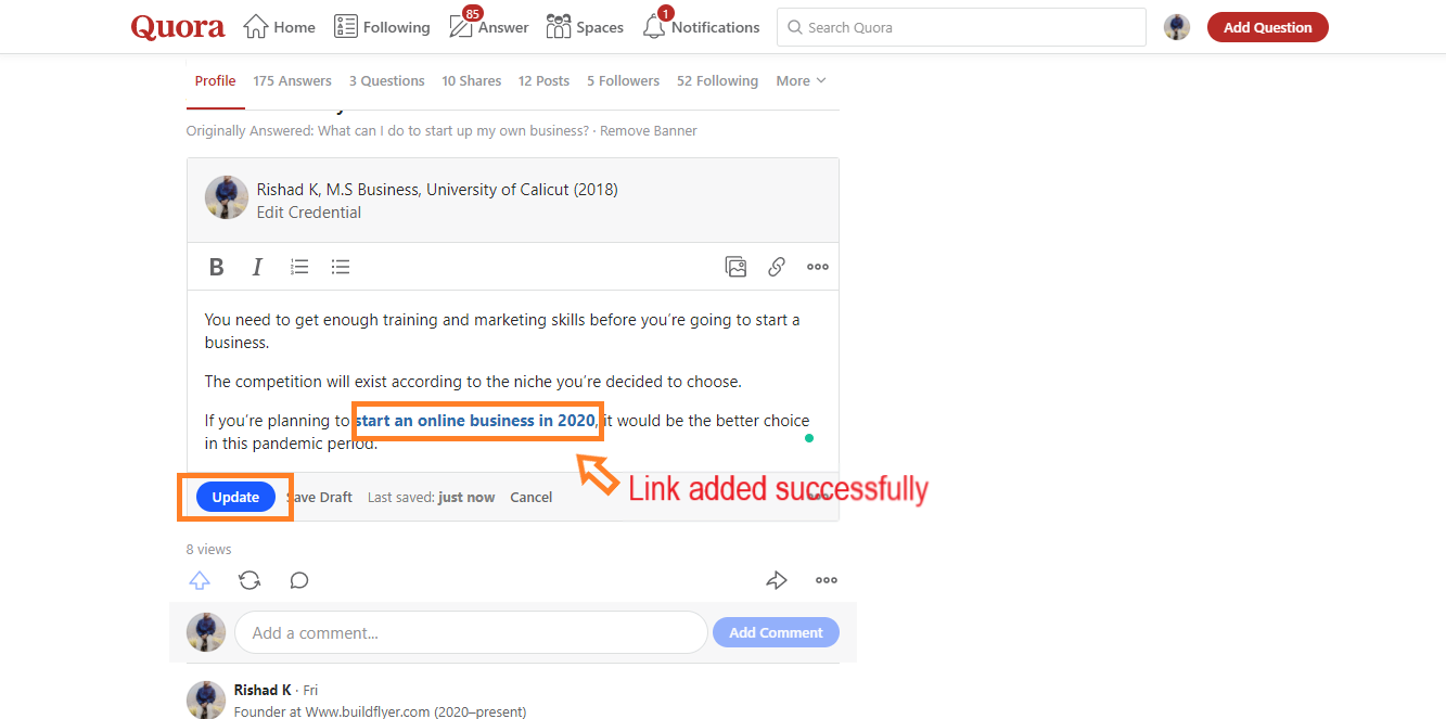 Affiliate link added successfully to quora