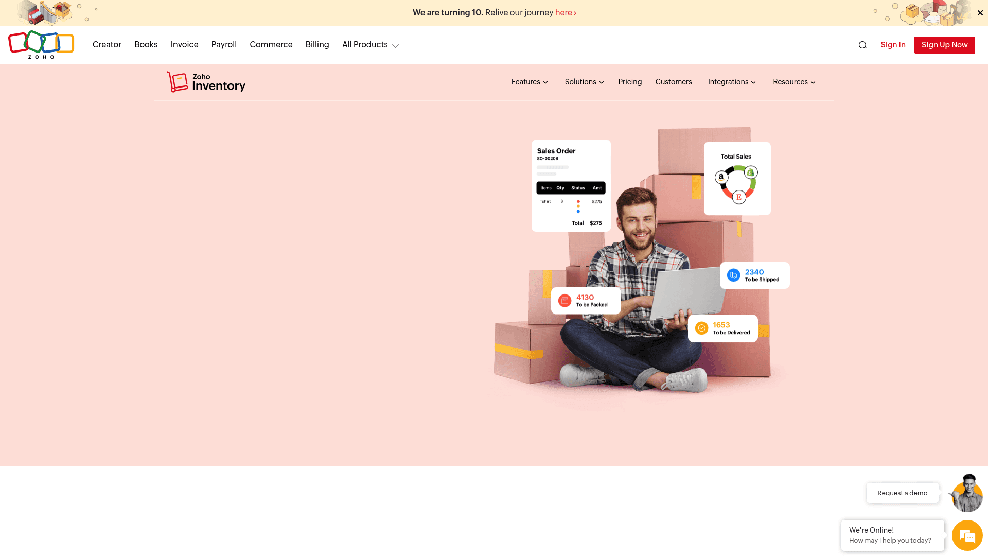 A screenshot of the Zoho Inventory homepage, which is one of the best inventory management software for small businesses selling online.