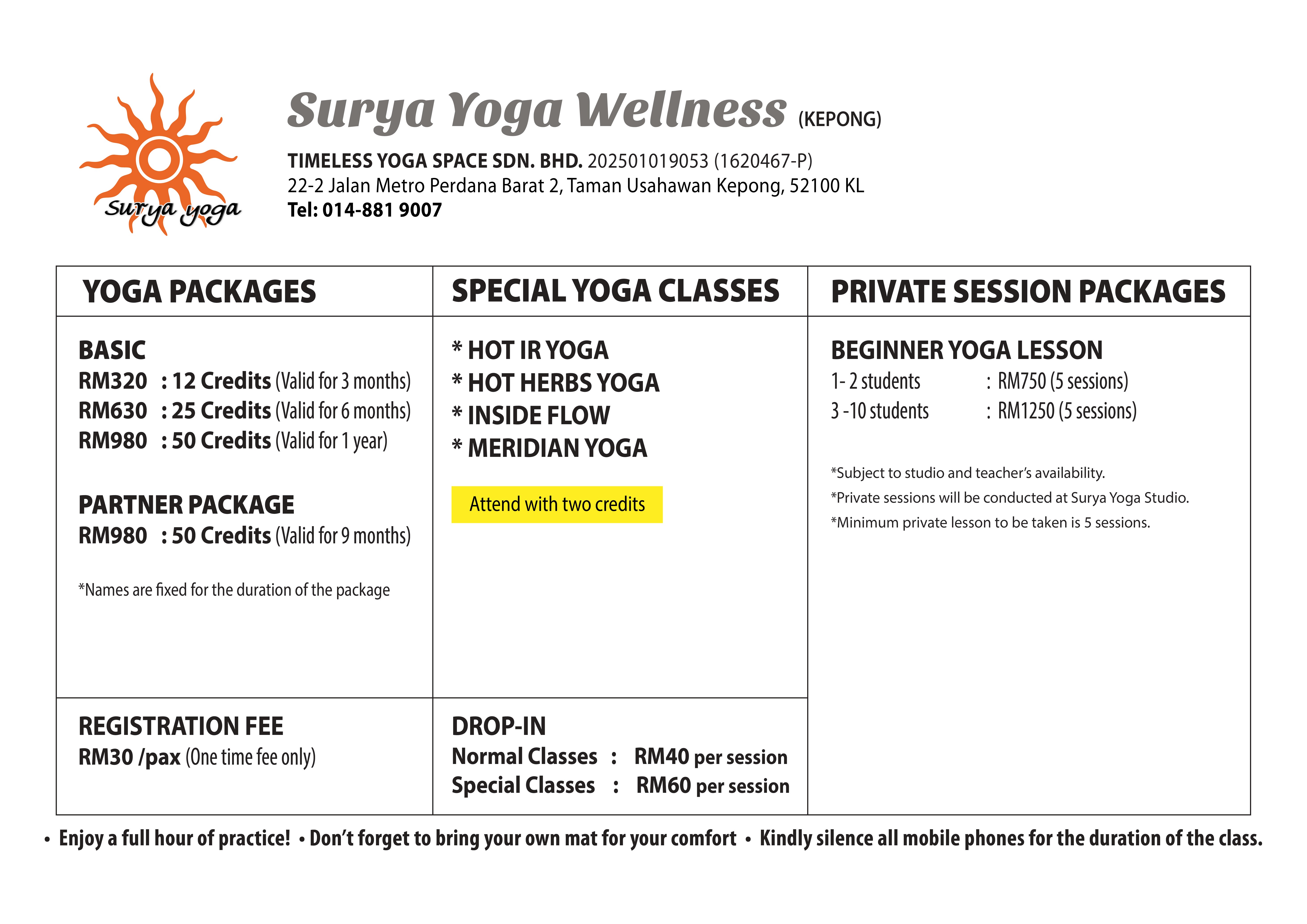 Surya Yoga & Wellness Kepong Pricing