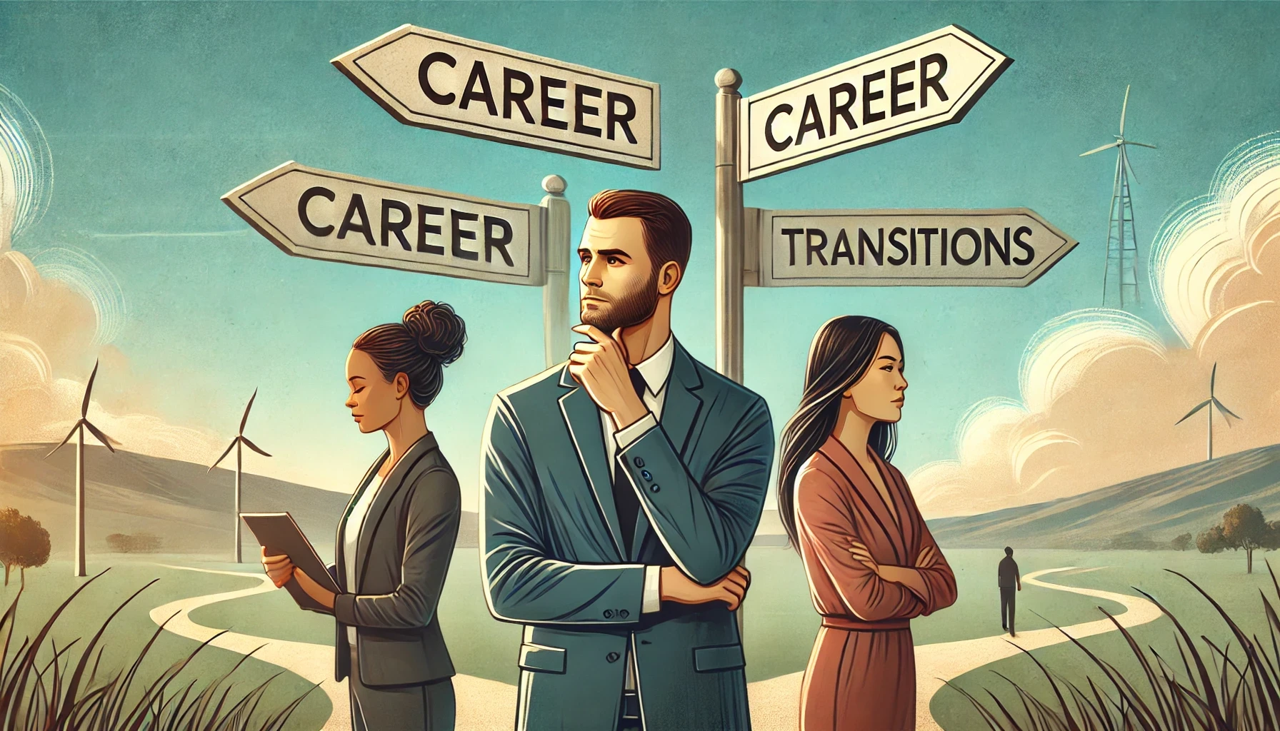 A diverse group of three professionals—a Caucasian woman, an African man, and an Asian woman—standing at a metaphorical career crossroads. Each individual looks thoughtfully into the distance as signs around them point in various directions, symbolizing different career opportunities. The setting is a serene landscape with gentle hills and a clear sky, conveying a sense of hope and possibility.