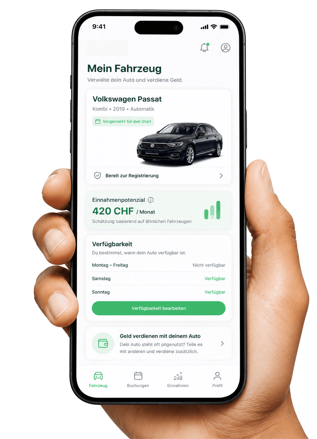Smartphone mit Carigo Dashboard zum Auto vermieten in der Schweiz, mit Fahrzeugprofil, Einnahmenpotenzial und Verfügbarkeit.