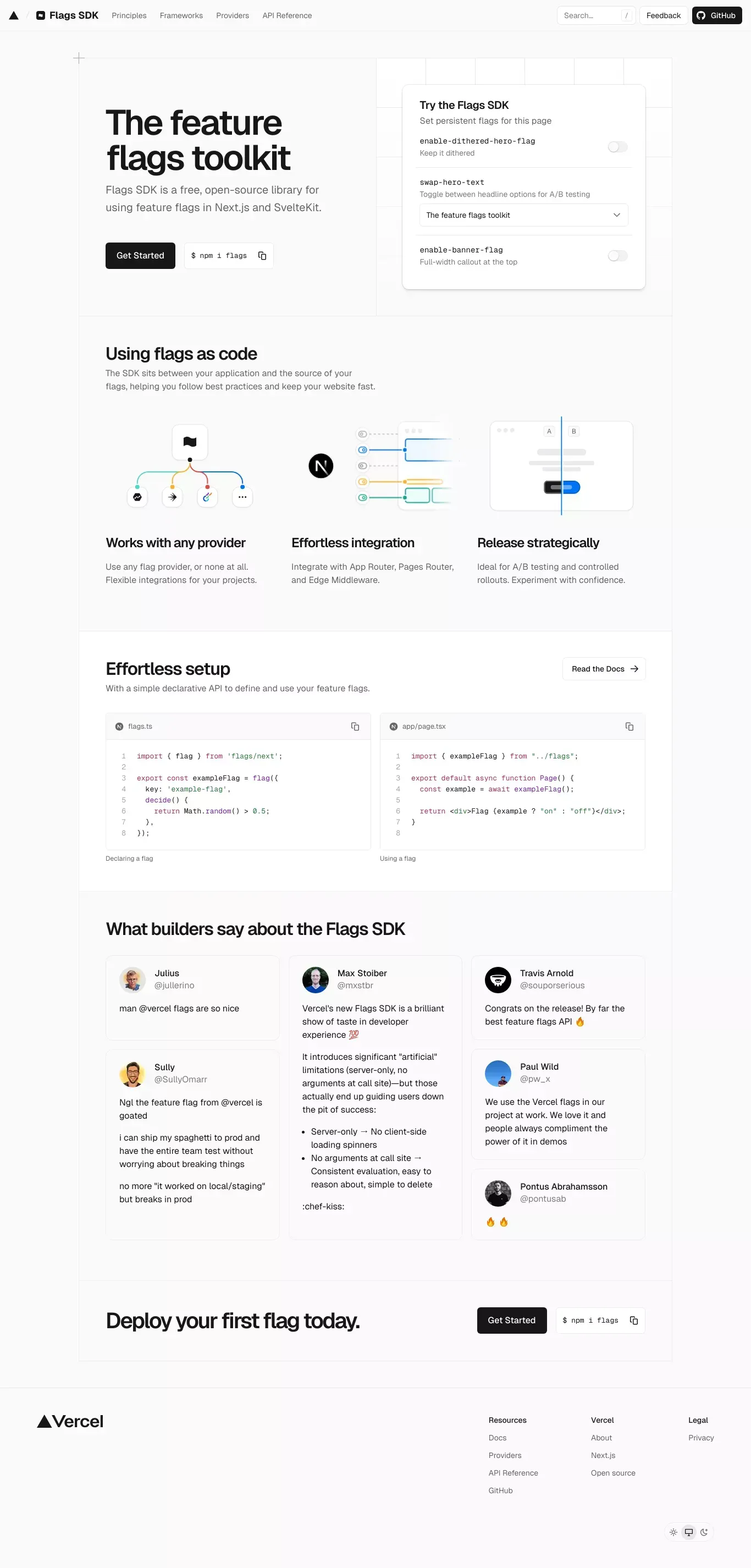 Flags SDK landing page screenshot showcasing Tech design
