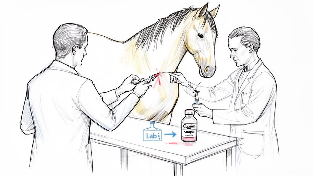 Two veterinarians are taking a blood sample from a horse for a Coggins test, preparing it for the lab.