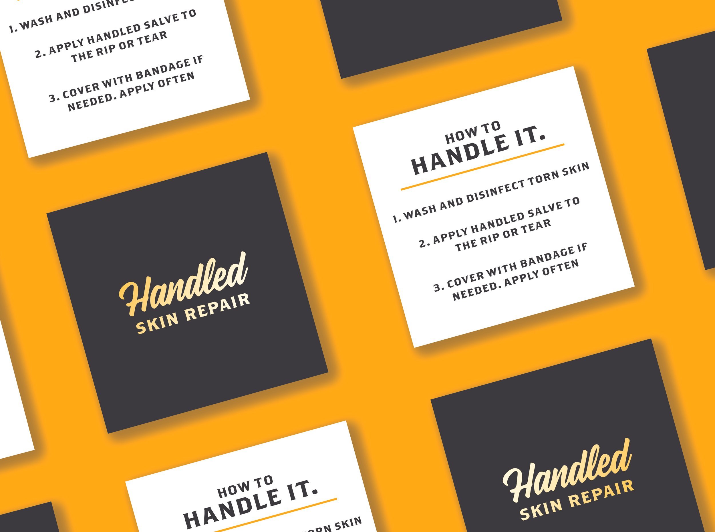 Handled Company square business cards in black and yellow