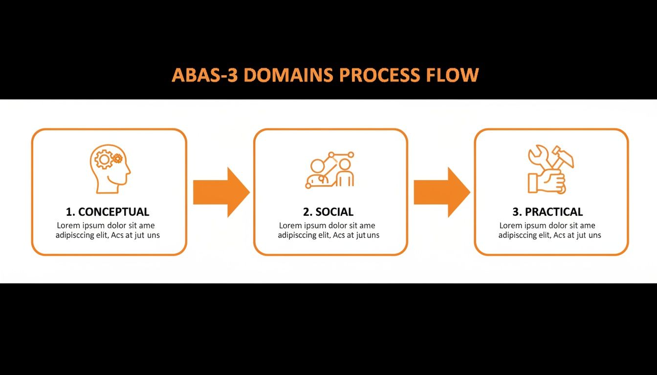 A process flow diagram illustrating the three domains of ABAS-3: Conceptual, Social, and Practical, with icons.