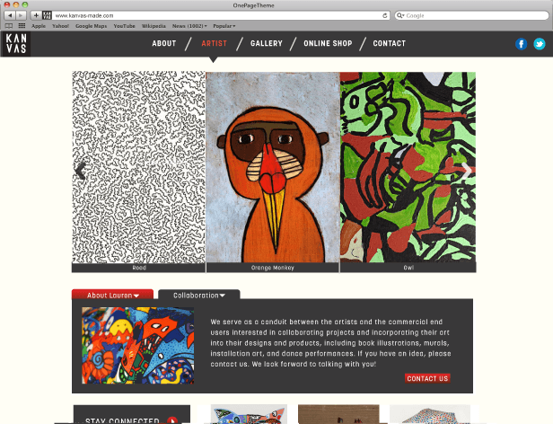 A screenshot of a website displays three colorful abstract artworks: a black and white patterned design on the left, a central orange monkey face, and a green and red abstract design on the right. The website includes navigation links for "ABOUT," "ARTIST," "GALLERY," "ONLINE SHOP," and "CONTACT." A section titled "About Lauren" features a colorful abstract image, and a "CONTACT US" section invites visitors to contact the site. The browser's address bar shows "www.kanzvas.co.in."