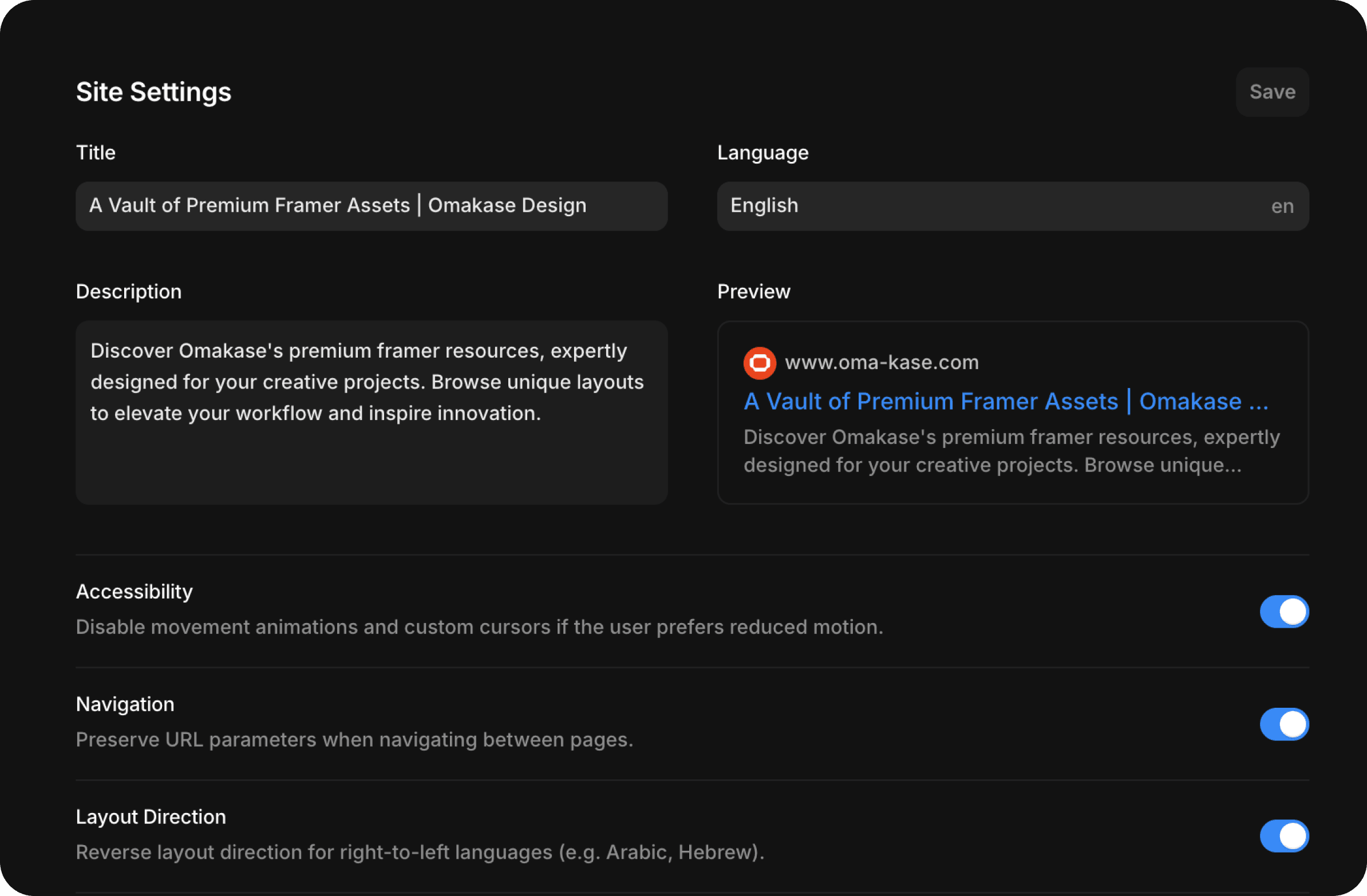 SEO Site settings Screenshot