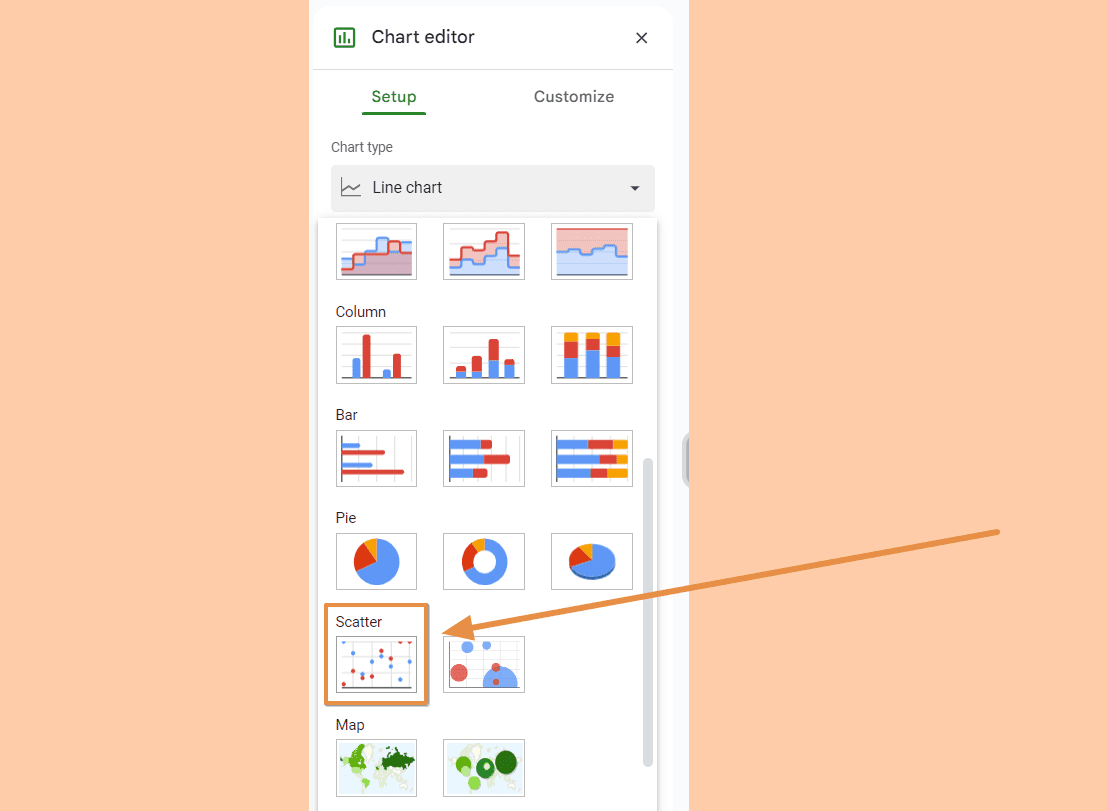 In the Chart Editor, change the Chart type to “Scatter chart”.