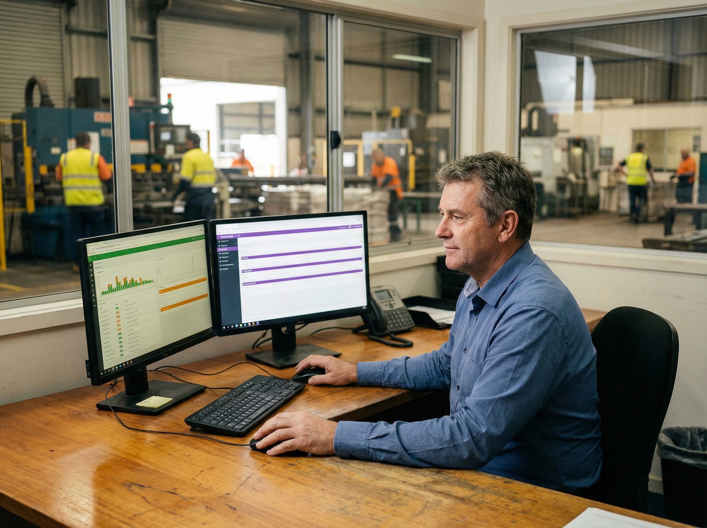 A senior WHS manager in his late 40s sitting at a large desk in an industrial company's office that overlooks a factory floor through interior windows. He has two monitors on his desk — one showing a traditional WHS platform interface with incident lists and safety icons in greens and oranges, the other showing a different, cleaner interface with structured risk rows and purple accents.