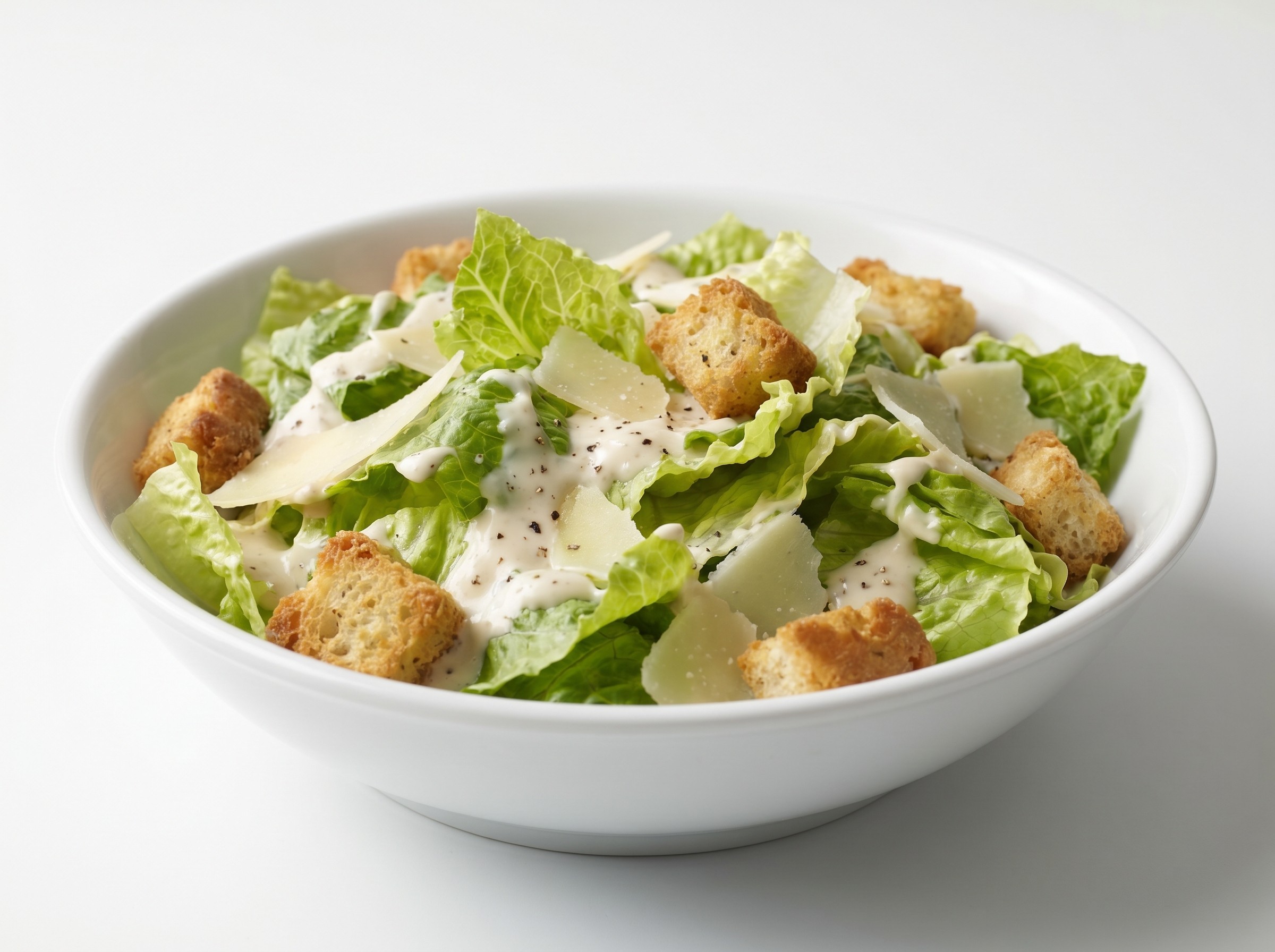 Caesar salad in a white bowl with croutons, lettuce, and dressing