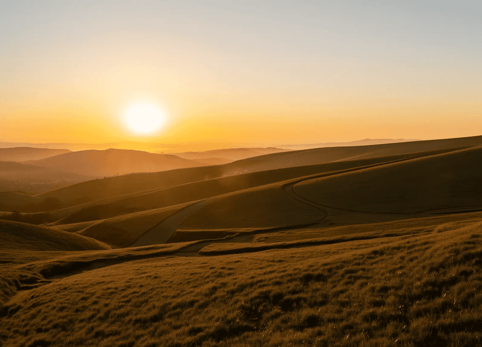 Weite Hügellandschaft bei Sonnenaufgang – Das Herz der Oronos Stiftung.