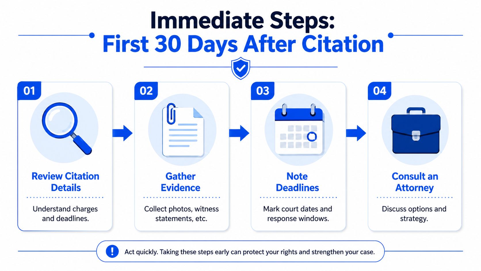 An infographic outlining four immediate steps to take within the first 30 days after receiving a citation.