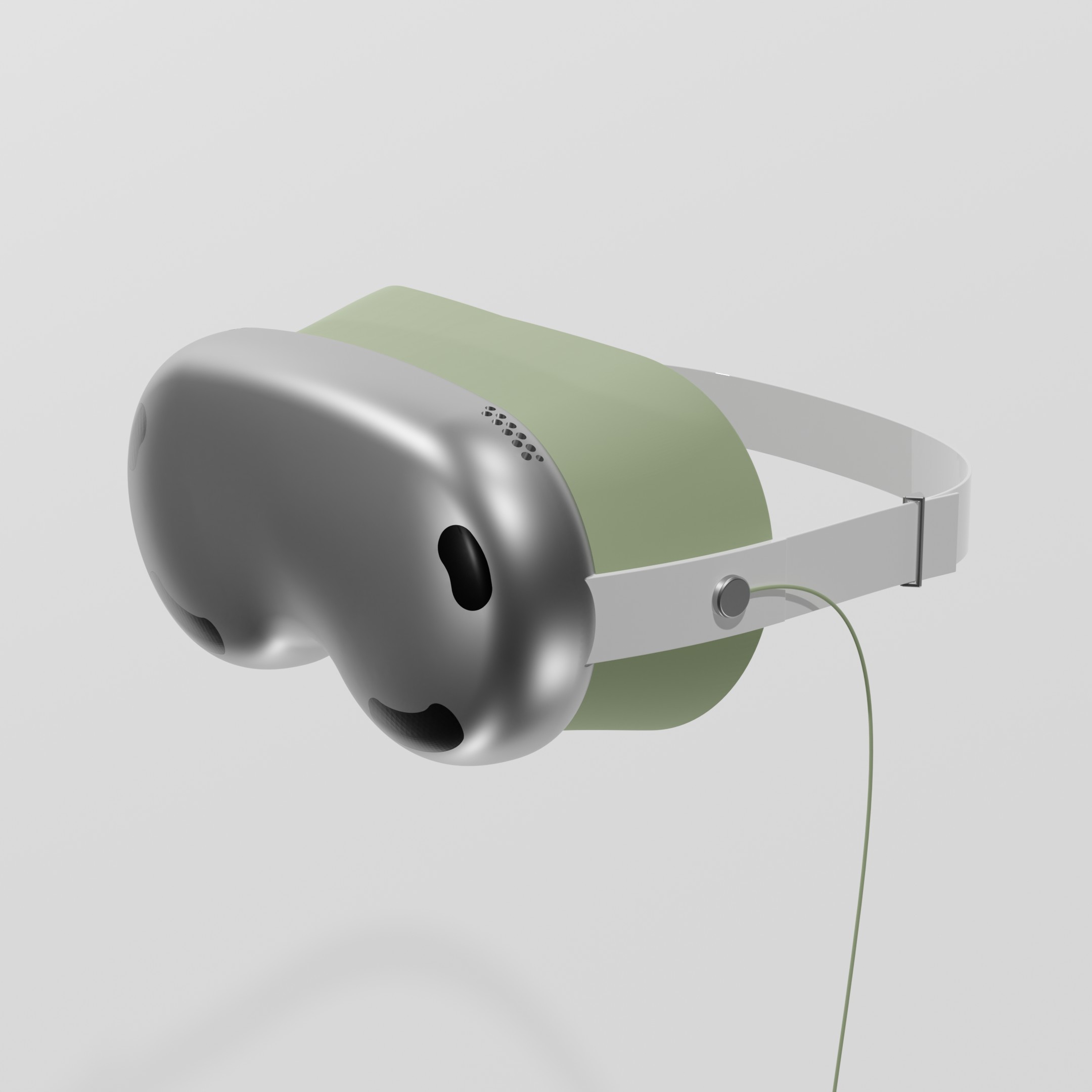 A photorealistic rendering of a green virtual reality headset concept, representing technical details in engineering design.