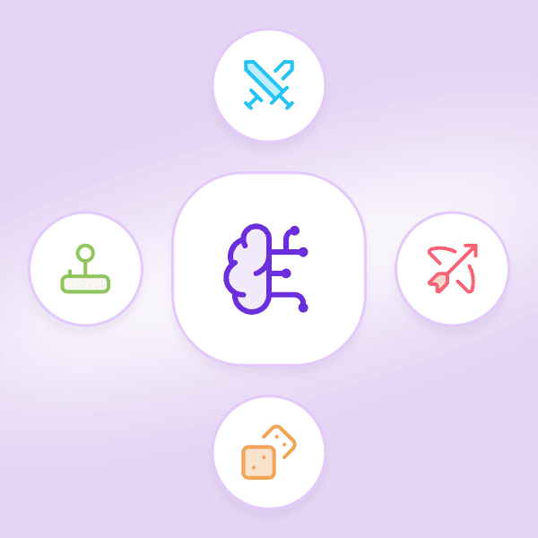 AI personalization icon with gaming symbols including controller, crossed swords, bow and arrow, and dice