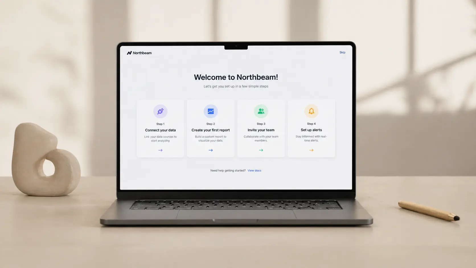A professional laptop mockup displaying a clean SaaS user onboarding interface, emphasizing user-friendly software design.