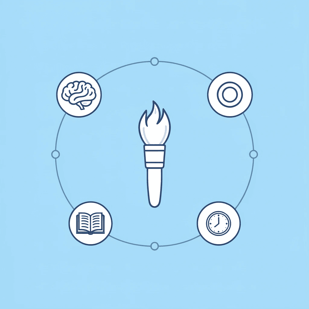 Central 'Art in Preschool' hub connected to three surrounding icons representing thinking skills, muscle control, and memory