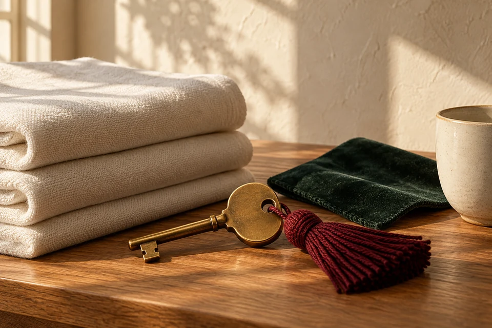 A coordinated hotel material study with brass, velvet, cream surfaces and an ordinary non-character key.