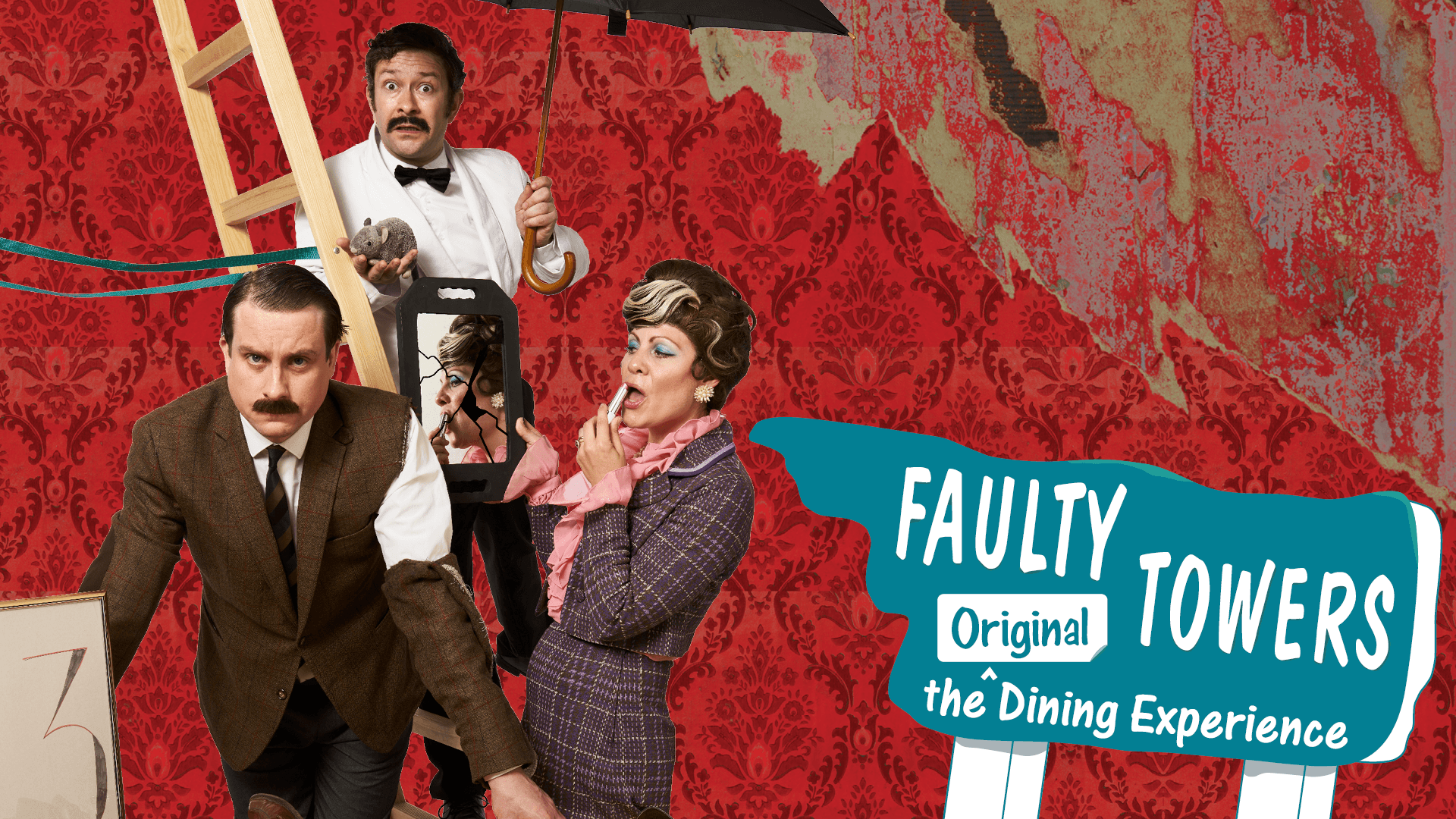 Faulty Towers Dining Experience cast in comedic poses with red wallpaper background.