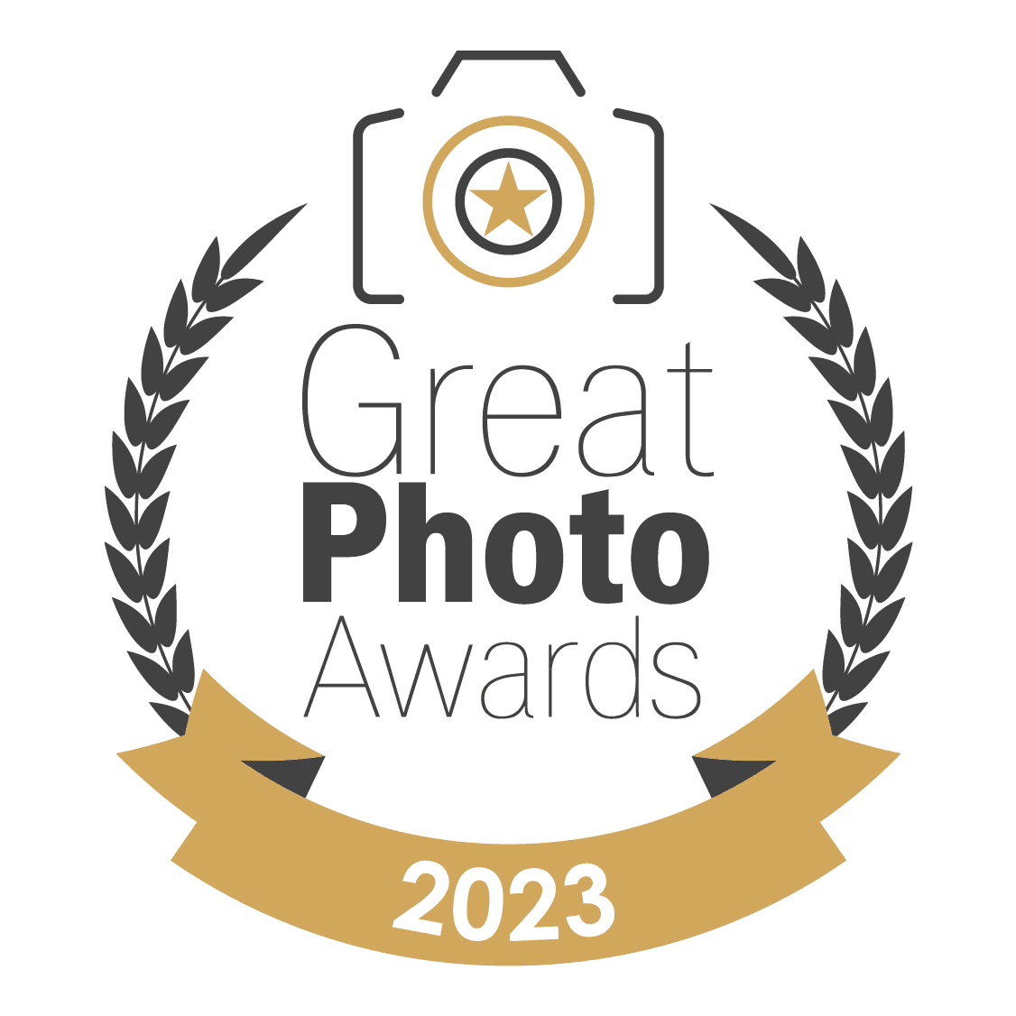 Camera icon with a star, framed by laurel branches. Below, "Great Photo Awards 2023" in bold letters. Clean, professional design.