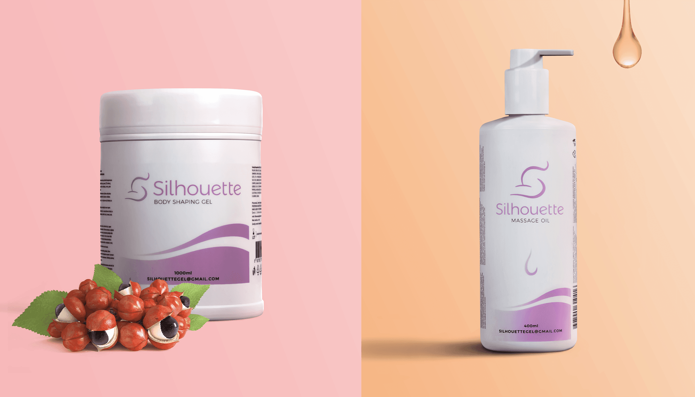 Body shaping gel with guarana seeds on the left and massage oil package on the right.