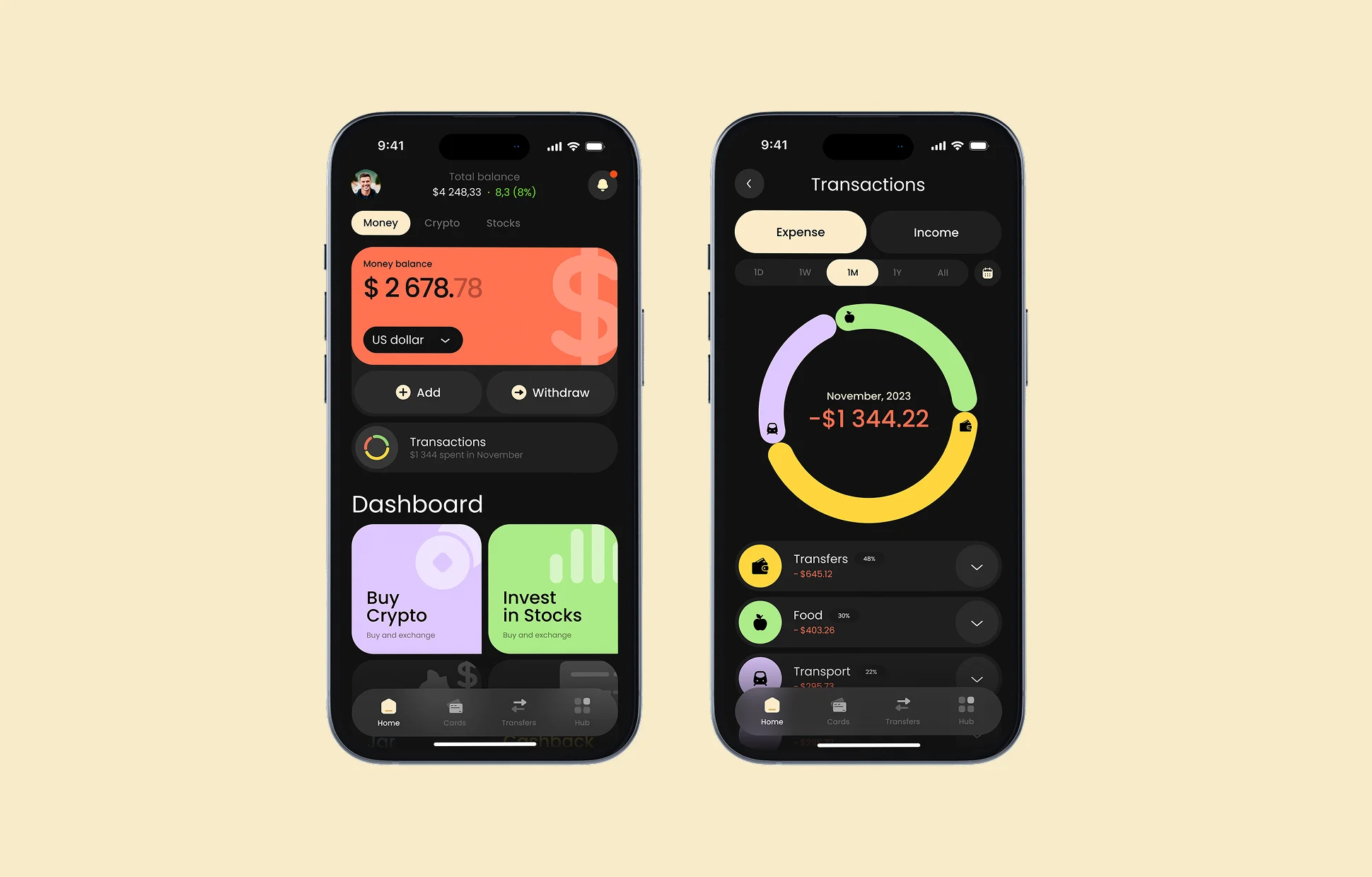 Nova app dashboard and transactions screens — balance $2,678.78 with Buy Crypto, Invest in Stocks widgets and expense breakdown of -$1,344.22